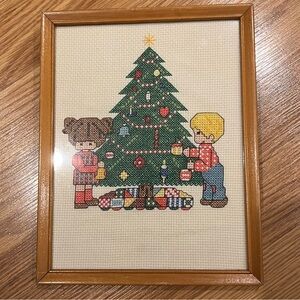 Vintage Completed Precious Moments Framed Christmas Counted Cross stitch‎ 8x10”